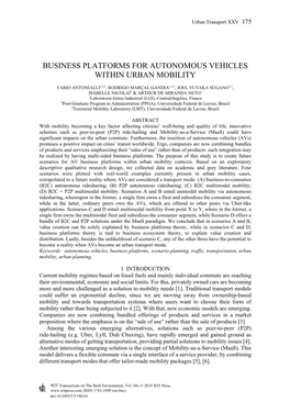 Business Platforms for Autonomous Vehicles Within Urban Mobility