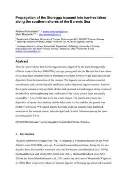 Propagation of the Storegga Tsunami Into Ice-Free Lakes Along the Southern Shores of the Barents Sea