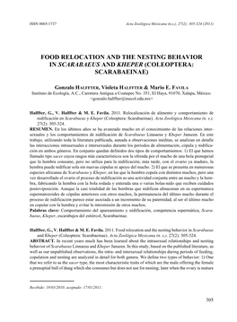 Food Relocation and the Nesting Behavior in Scarabaeus and Kheper (Coleoptera: Scarabaeinae)