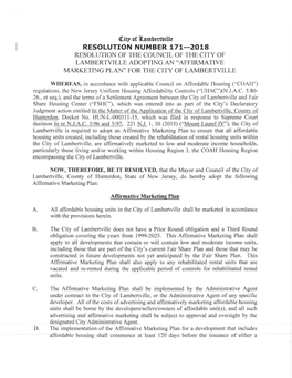 Resolution Number 171--2018 Resolution of the Council of the City of Lambertville Adopting an "Affirmative Marketing Plan" for the City of Lambertville