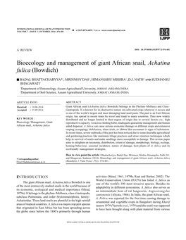 Bioecology and Management of Giant African Snail, Achatina Fulica (Bowdich)