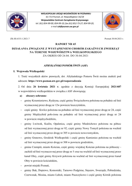 Raport Nr 65 Działania Związane Z Wystąpieniem Chorób Zakaźnych Zwierząt Na Terenie Województwa Wielkopolskiego Za Okres Od 24.04