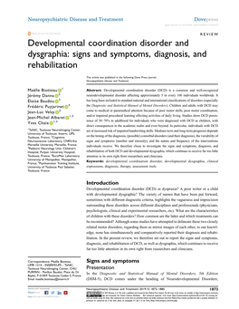 Developmental Coordination Disorder and Dysgraphia: Signs and Symptoms, Diagnosis, and Rehabilitation