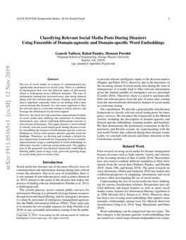 Classifying Relevant Social Media Posts During Disasters Using Ensemble of Domain-Agnostic and Domain-Speciﬁc Word Embeddings