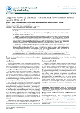 Long Term Follow-Up of Limbal Transplantation for Unilateral Chemical Injuries: 1997-2014 Nikolaos S