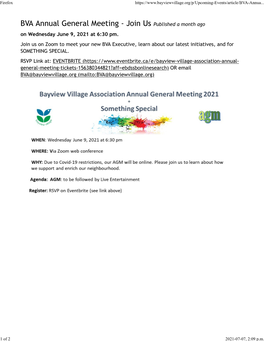 BVA Annual General Meeting - Join Us Published a Month Ago on Wednesday June 9, 2021 at 6:30 Pm