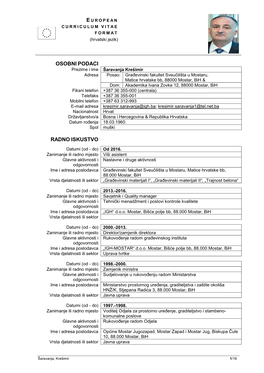 CURRICULUM VITAE FORMAT (Hrvatski Jezik)