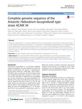 Complete Genome Sequence of the Antarctic Halorubrum Lacusprofundi Type Strain ACAM 34 Iain J