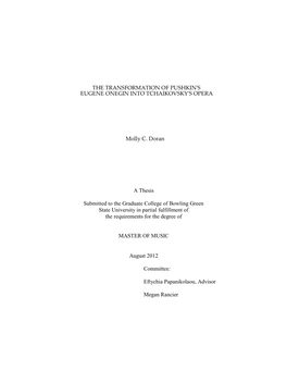 The Transformation of Pushkin's Eugene Onegin Into Tchaikovsky's Opera