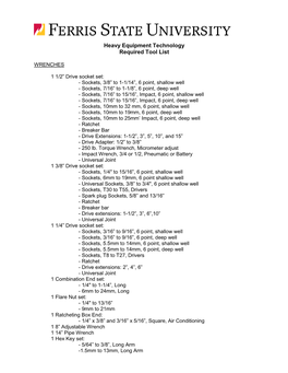 Heavy Equipment Technology Required Tool List