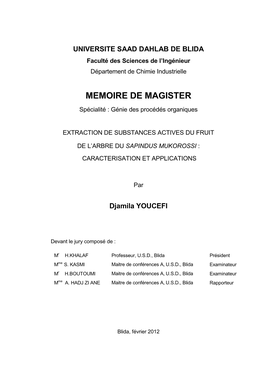 MEMOIRE DE MAGISTER Spécialité : Génie Des Procédés Organiques