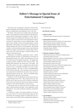 Editor's Message to Special Issue of Entertainment Computing
