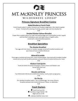 Princess Signature Breakfast Cuisine Breakfast Specialties Fresh Starters