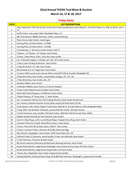22Nd Annual THCKK Tool Meet & Auction March 16, 17 & 18, 2017