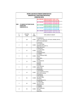 SECOND CLASS BOILER ATTENDANT EXAMINATION-2018 CANDIDATES HALL TICKETS DESPATCHED DETAILS, COIMBATORE CENTRE Date : 08.09.2018 - 09.00 A.M to 01.00 P.M - SL.No