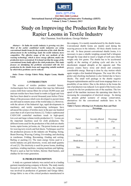 Study on Improving the Production Rate by Rapier Looms in Textile Industry Aby Chummar, Soni Kuriakose, George Mathew