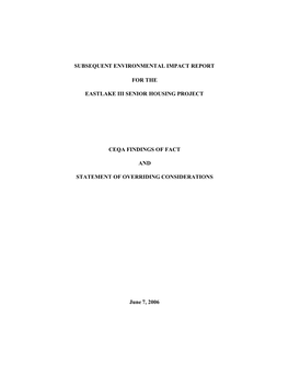 Subsequent Environmental Impact Report for the Eastlake Iii Senior Housing Project Ceqa Findings of Fact and Statement of Overri