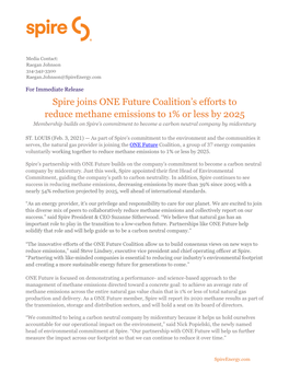 Spire Joins ONE Future Coalition's Efforts to Reduce Methane Emissions to 1% Or Less by 2025