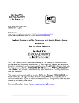 Keybank Broadway at the Paramount and Seattle Theatre Group Announce the 2013/2014 Season Of