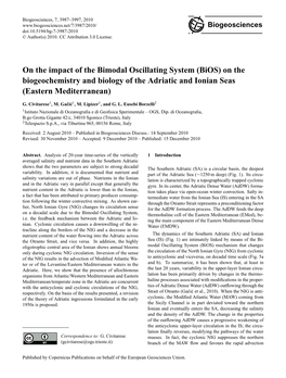 On the Impact of the Bimodal Oscillating System (Bios) on the Biogeochemistry and Biology of the Adriatic and Ionian Seas (Eastern Mediterranean)