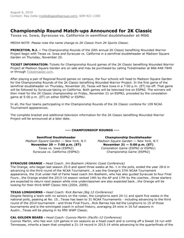 Championship Round Matchups Announced for 2K Classic