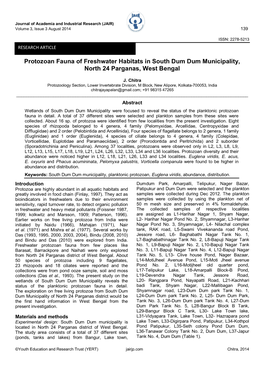 Protozoan Fauna of Freshwater Habitats in South Dum Dum Municipality, North 24 Parganas, West Bengal