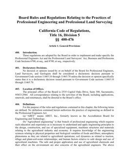 Board Rules and Regulations Relating to the Practices of Professional Engineering and Professional Land Surveying