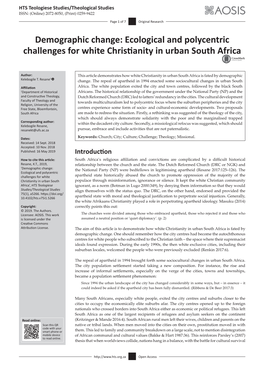 Demographic Change: Ecological and Polycentric Challenges for White Christianity in Urban South Africa