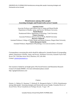 Homelessness Among Older People: Assessing Strategies and Frameworks Across Canada