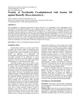 Toxicity of Pyrethorids Co-Administered with Sesame Oil Against Housefly Musca Domestica L