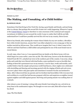 Beah, Ishmael 2007. the Making, and Unmaking, of a Child Soldier. New