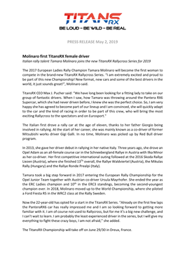 PRESS RELEASE May 2, 2019 Molinaro First Titansrx Female Driver