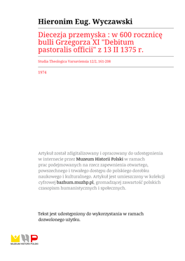 Diecezja Przemyska : W 600 Rocznicę Bulli Grzegorza XI "Debitum Pastoralis Officii" Z 13 II 1375 R