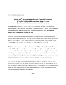 Gatorade® Recognizes Colorado Football Standout with Its National Player of the Year Award Byers Becomes First Lineman to Win in Award’S 19-Year History