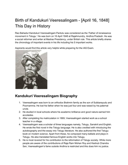 Birth of Kandukuri Veeresalingam - [April 16, 1848] This Day in History