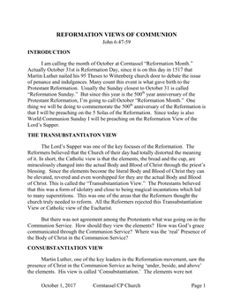 REFORMATION VIEWS of COMMUNION John 6:47-59 INTRODUCTION