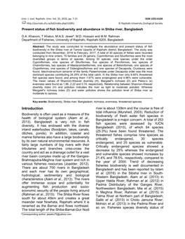 Present Status of Fish Biodiversity and Abundance in Shiba River, Bangladesh