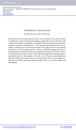 Hyperbolic Manifolds: an Introduction in 2 and 3 Dimensions Albert Marden Frontmatter More Information