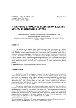 The Effects of Balance Training on Balance Ability in Handball Players