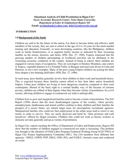 Situational Analysis of Child Prostitution in Iligan City* Socio