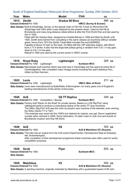 Year Make Model Cc South of England Realclassic Motorcycle Show Programme: Sunday 25Th October 2015 Club 1913 Zenith Gradua 90 B