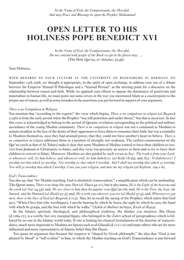 Open Letter to His Holiness Pope Benedict Xvi