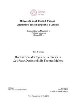 Declinazioni Dei Tòpoi Della Foresta in Le Morte Darthur Di Sir Thomas Malory