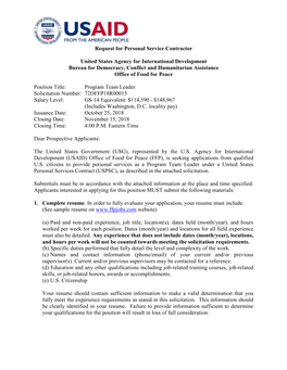 Program Team Leader Solicitation Number: 72DFFP18R00015 Salary Level: GS-14 Equivalent: $114,590 - $148,967 (Includes Washington, D.C