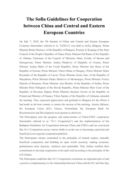 The Sofia Guidelines for Cooperation Between China and Central and Eastern European Countries