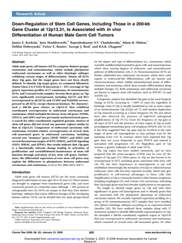 Down-Regulation of Stem Cell Genes, Including Those in a 200-Kb Gene Cluster at 12P13.31, Is Associated with in Vivo Differentiation of Human Male Germ Cell Tumors