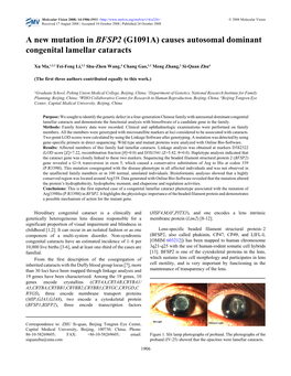 A New Mutation in BFSP2 (G1091A) Causes Autosomal Dominant Congenital Lamellar Cataracts