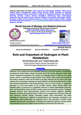 Role and Important of Hydrogen in Plant Metabolism