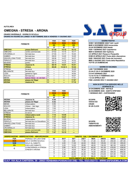 Omegna - Stresa - Arona Orario Invernale - Giorni Di Scuola Orario in Vigore Da Lunedì 14 Settembre 2020 a Venerdì 11 Giugno 2021