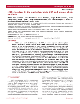 MXD1 Localizes in the Nucleolus, Binds UBF and Impairs Rrna Synthesis